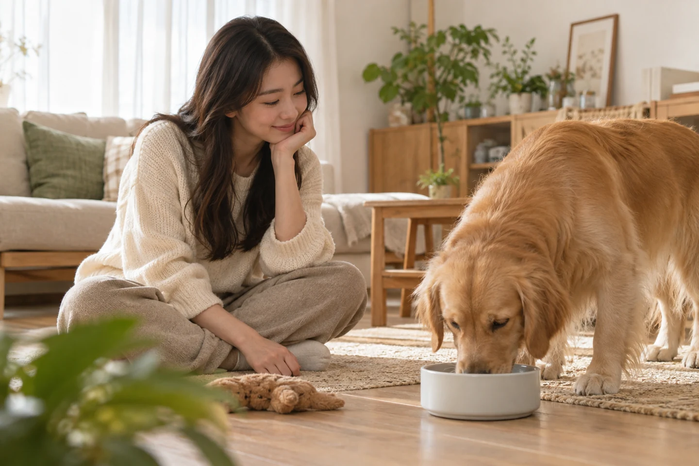 물을 마시는 강아지를 지켜보는 사람