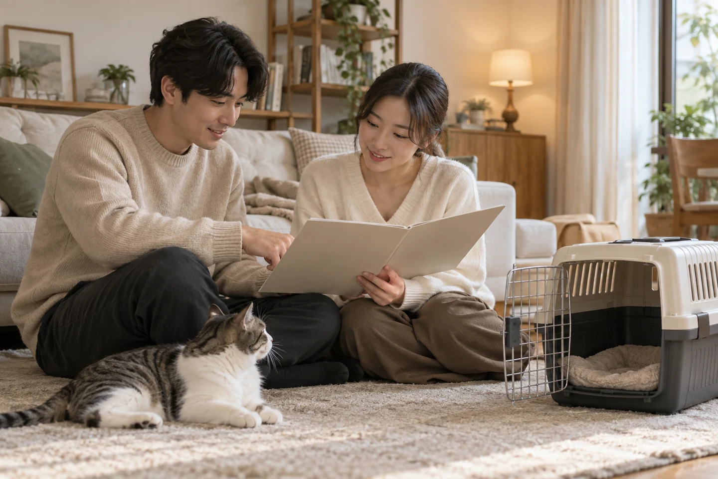 고양이 옆에서 인계 문서를 확인하는 두 사람