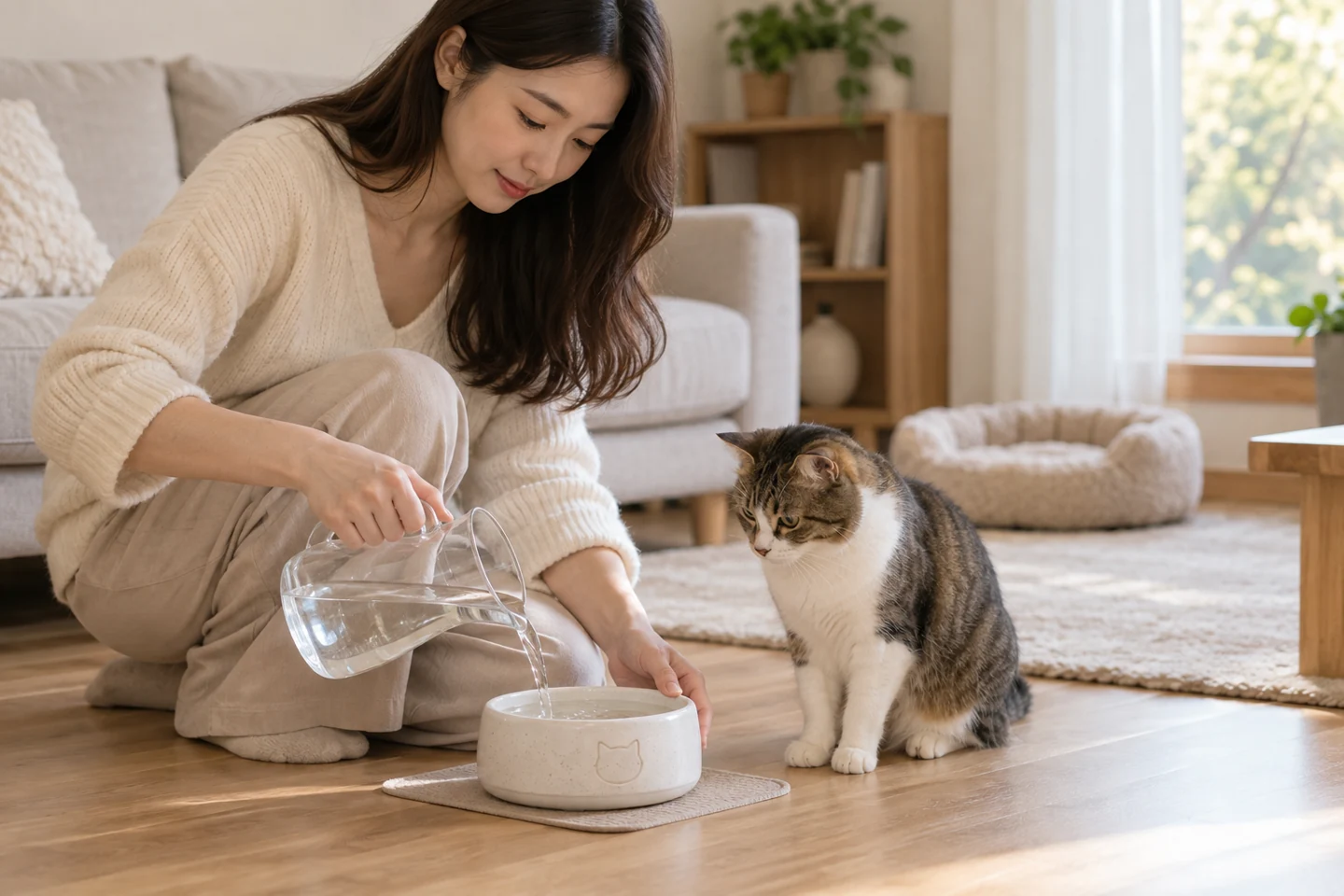 고양이 물그릇에 물을 채우는 사람