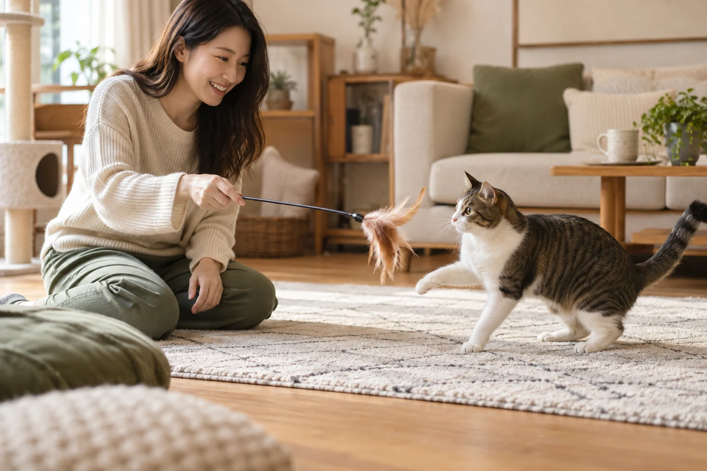고양이와 낚싯대 장난감으로 노는 사람