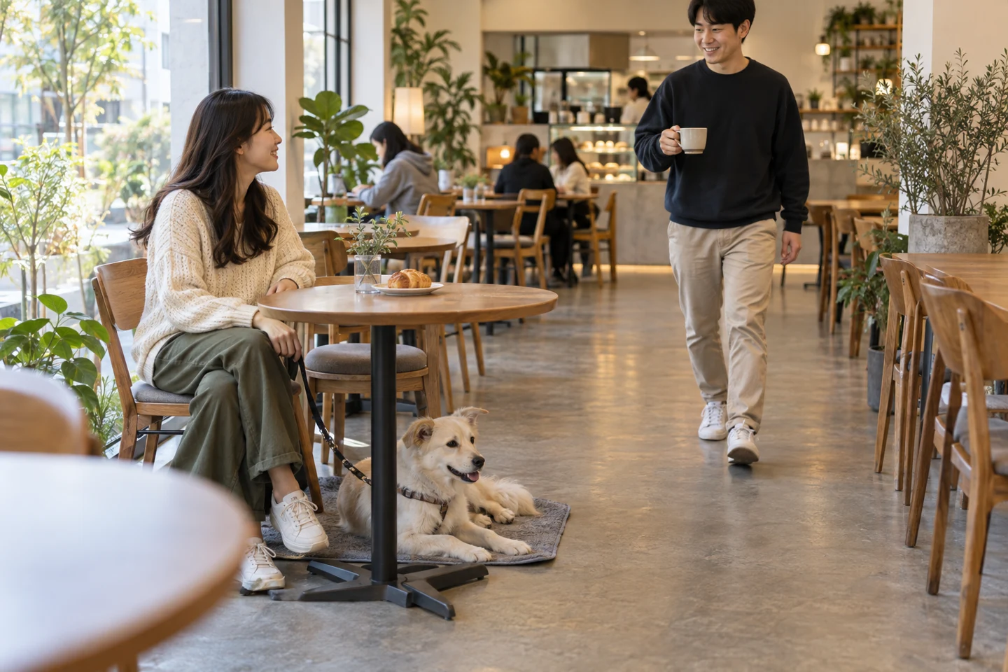 앉아 있는 보호자 곁의 강아지와 음료를 들고 오는 동행자