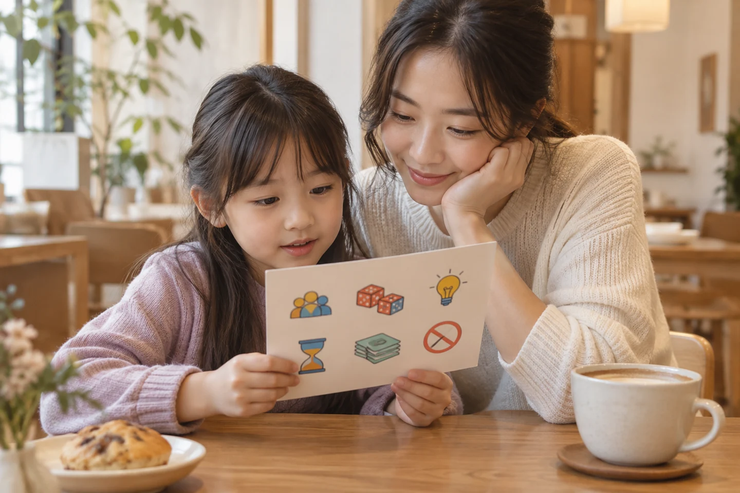안내 그림을 함께 보는 보호자와 아이