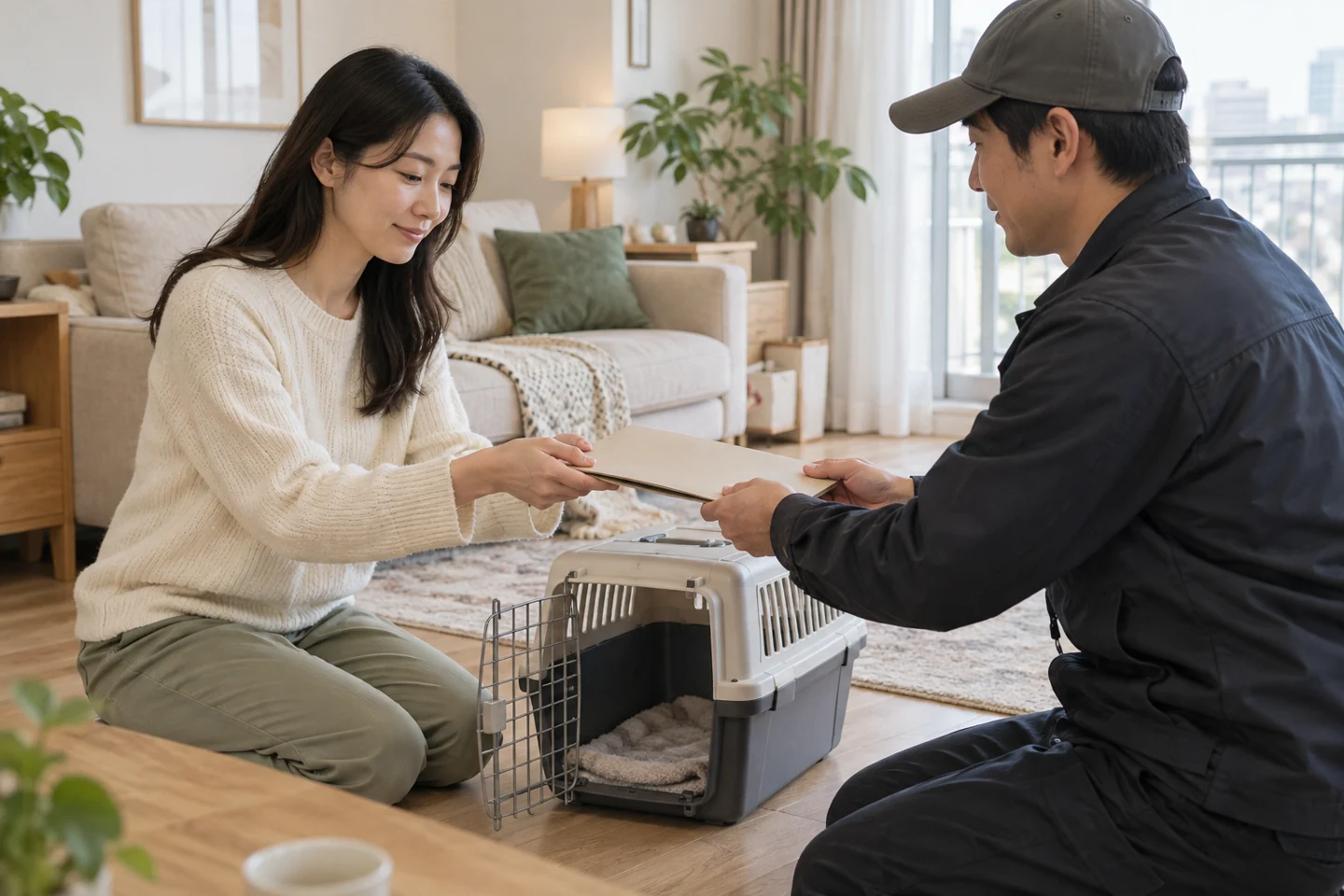 이동장 옆에서 자료를 건네는 두 사람