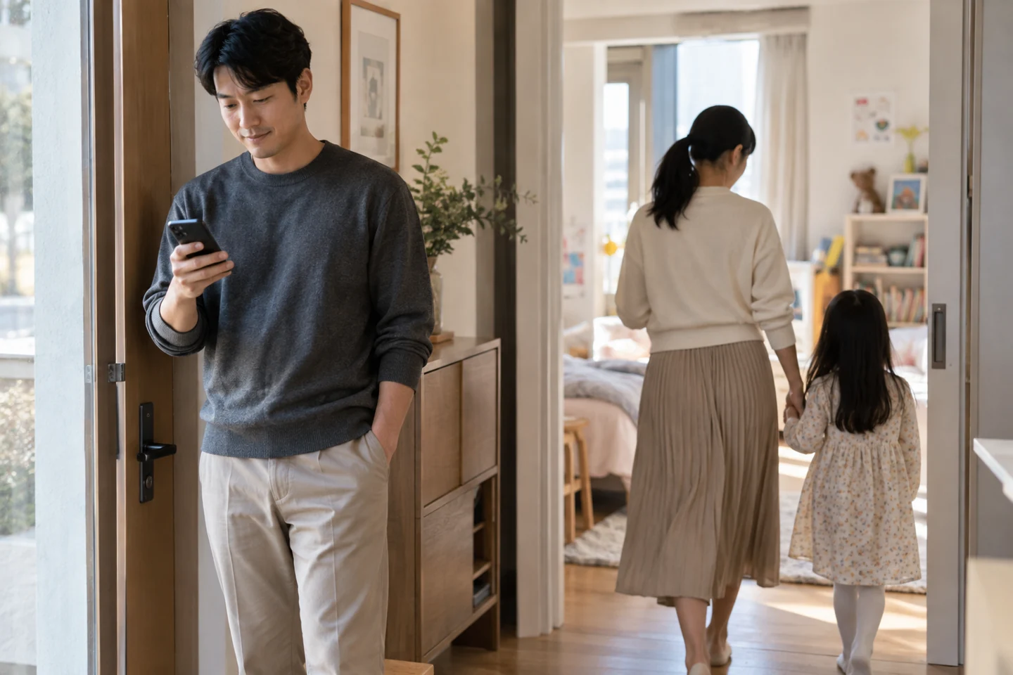 한 사람은 휴대전화를 확인하고 다른 사람은 아이와 방으로 이동하는 모습