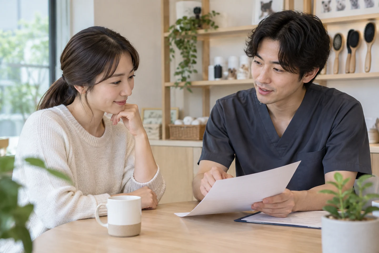 관리 도구가 놓인 상담 자리에서 이야기하는 두 사람
