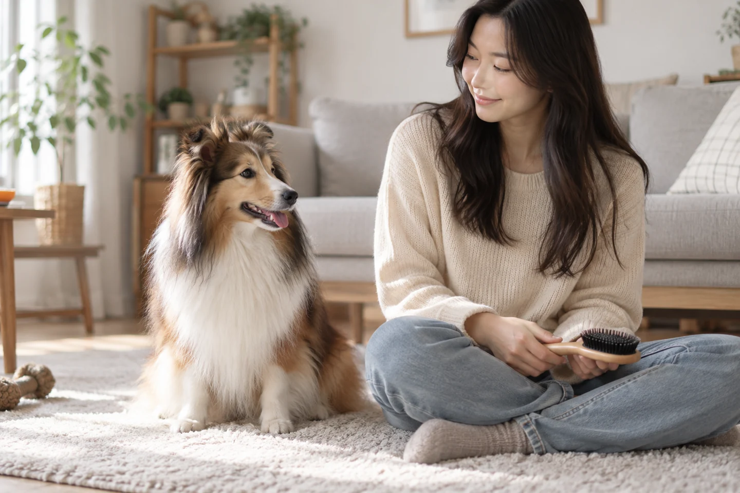 브러시를 무릎에 둔 보호자와 곁에 앉은 강아지