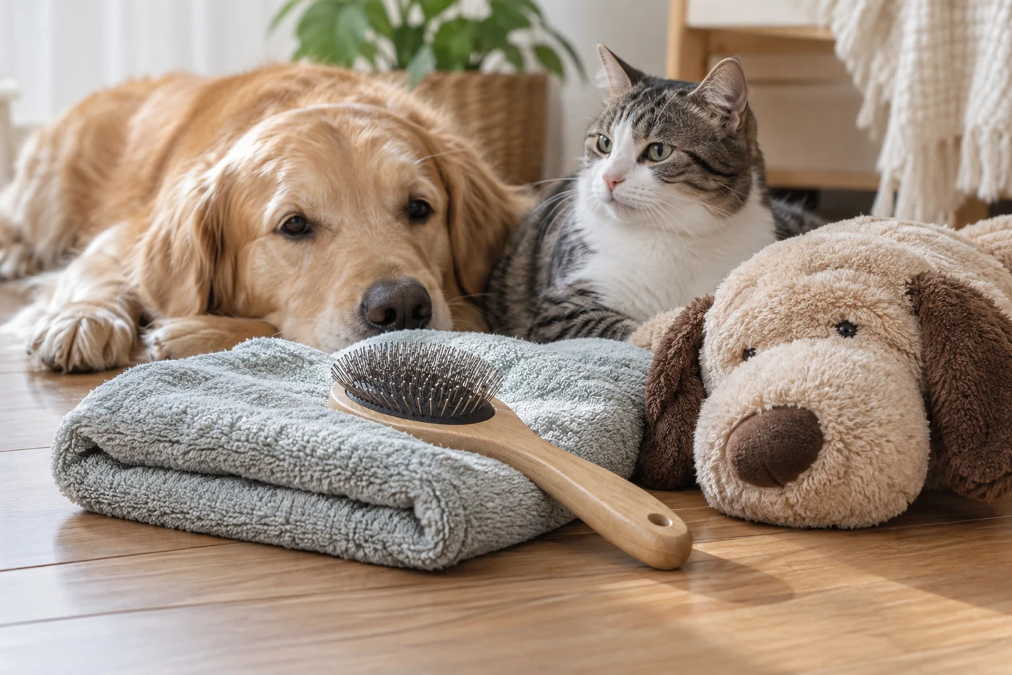 수건과 브러시, 봉제 인형 곁의 개와 고양이
