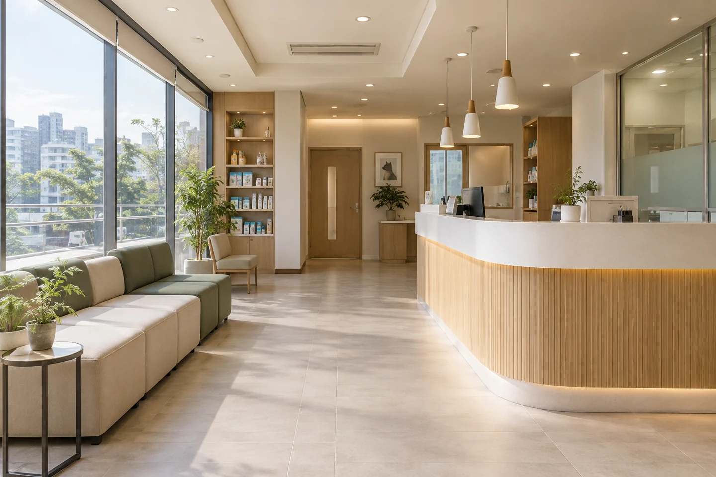 동물 없는 밝은 병원 접수 공간 예시