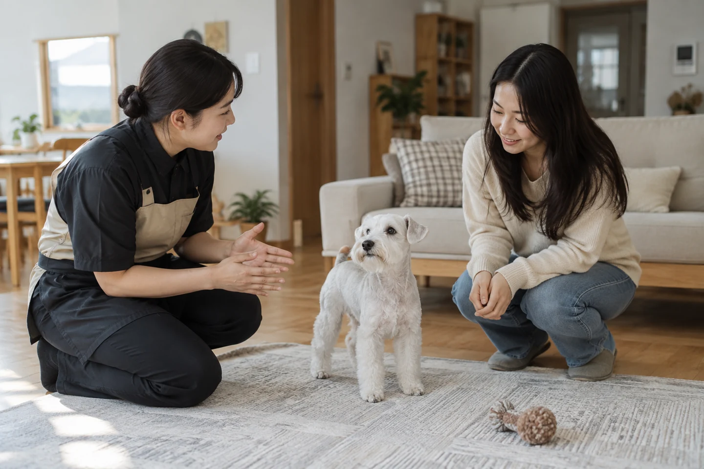 작은 흰색 강아지 곁에서 상담하는 두 사람