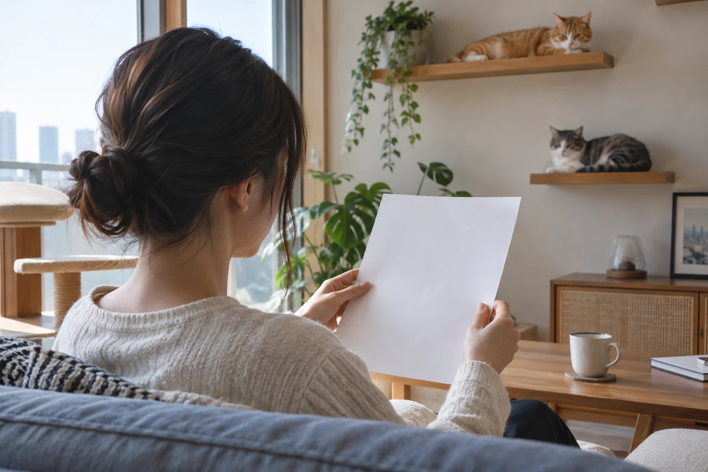 고양이들이 선반에 있는 방에서 종이를 읽는 보호자
