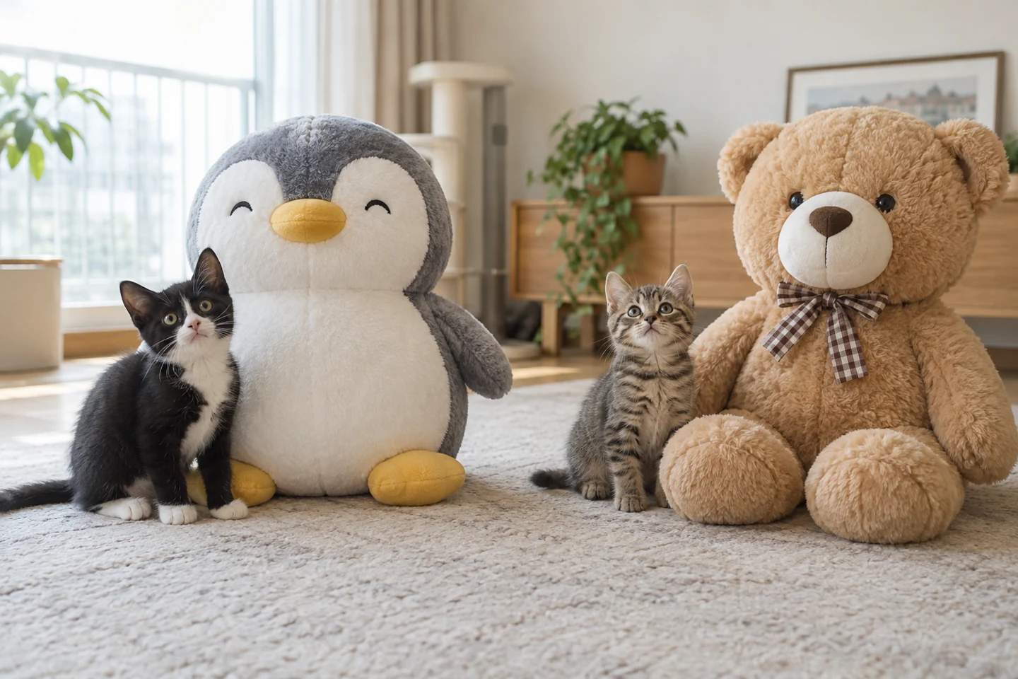 서로 다른 인형 곁에 있는 새끼 고양이 두 마리
