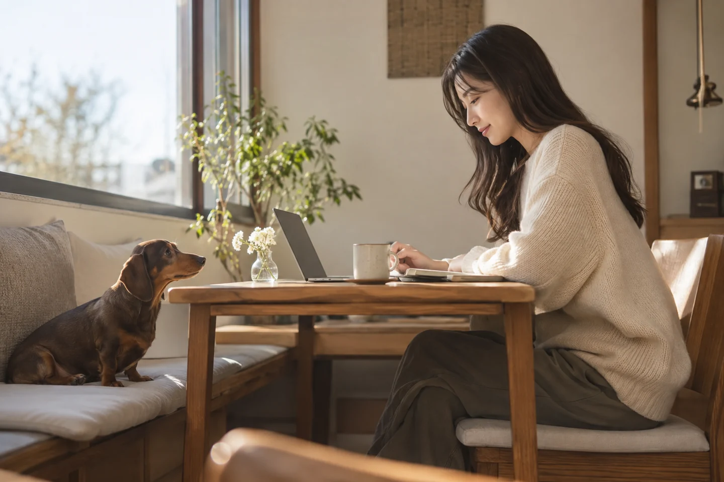 카페 좌석에서 보호자와 마주한 닥스훈트