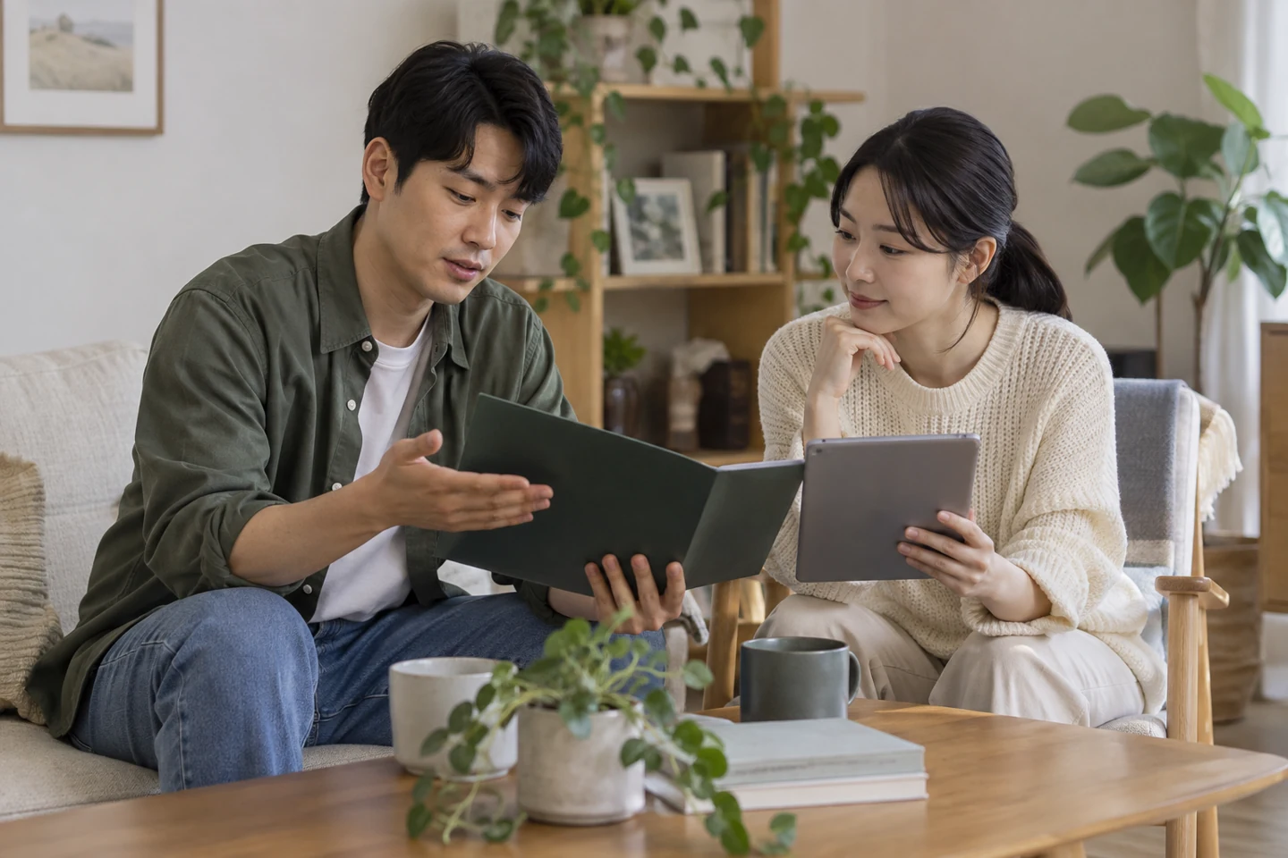 파일과 태블릿을 보며 이야기하는 두 사람