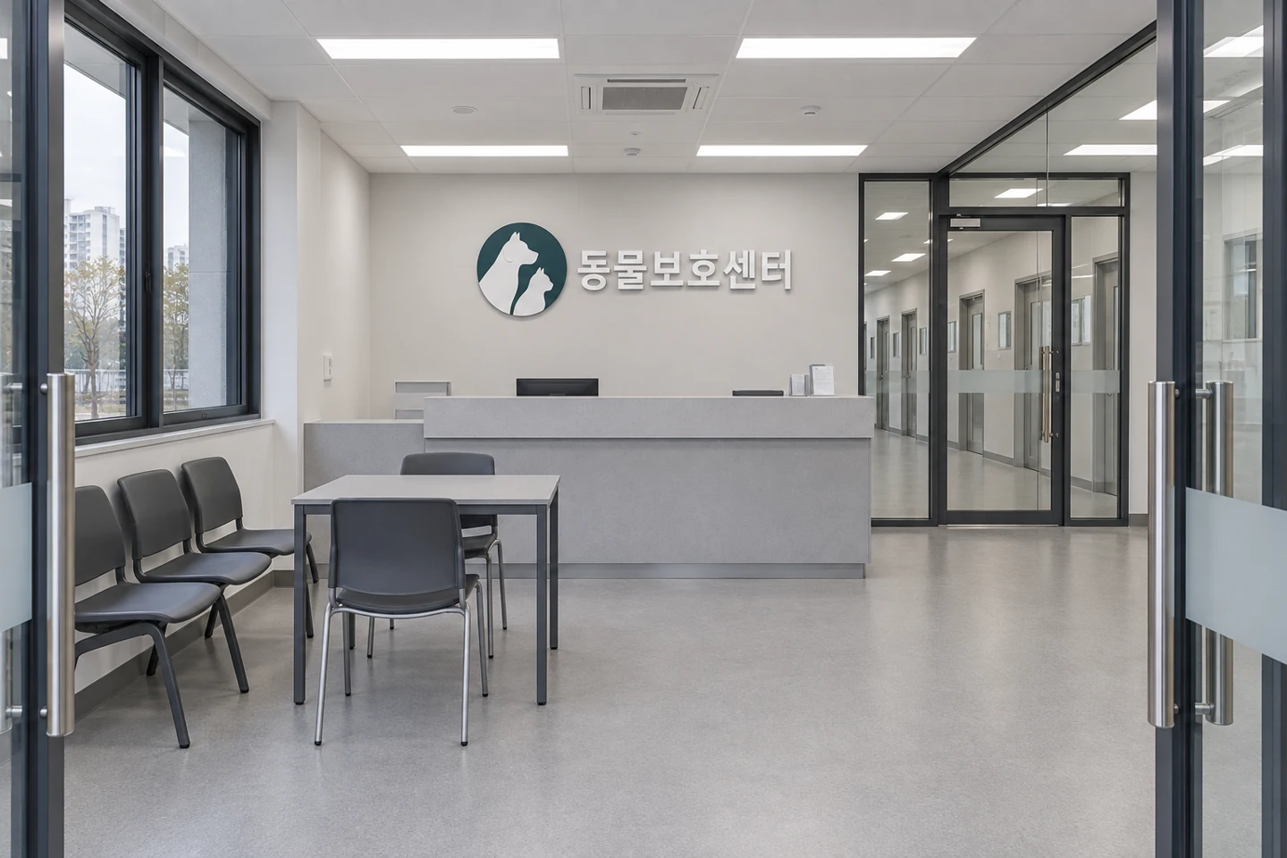 회색 접수대와 대기 의자, 유리 복도문