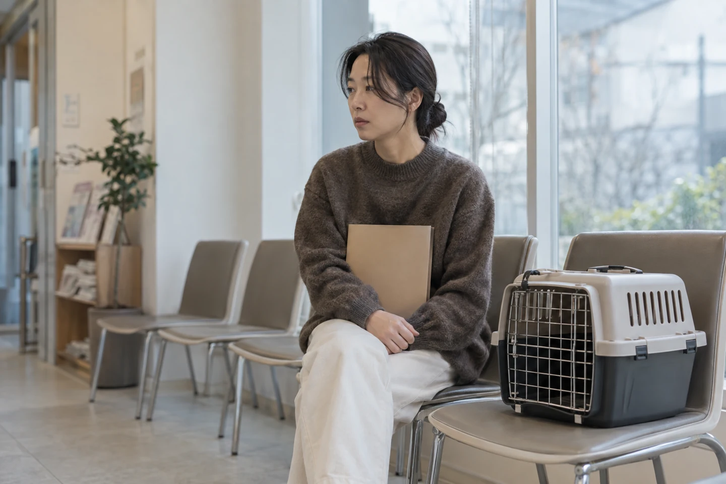 대기실에서 닫힌 파일을 들고 앉은 사람과 이동장