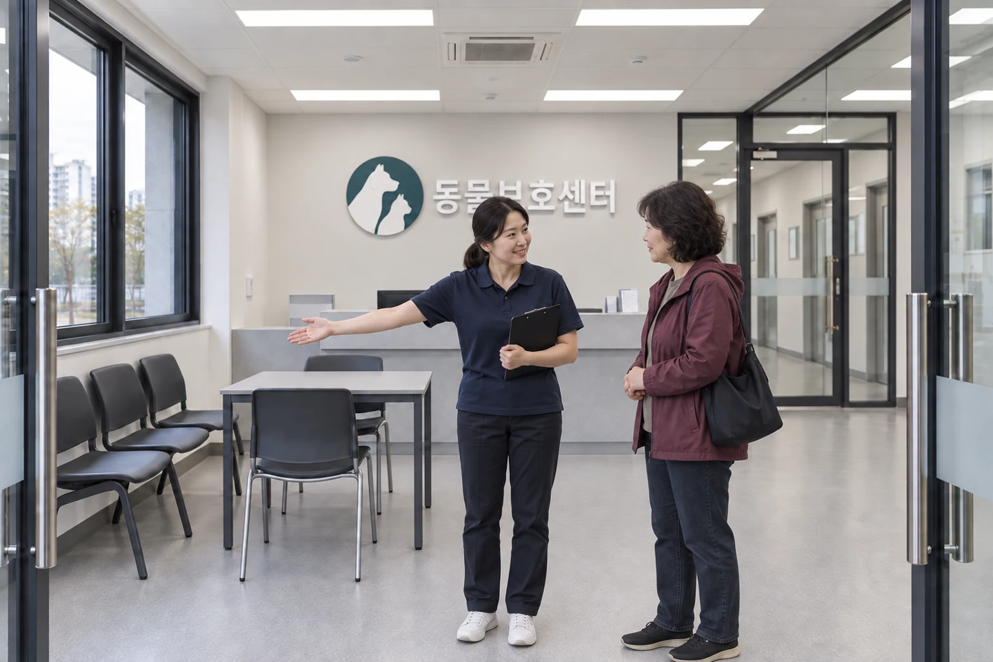 보호센터 접수대에서 담당자와 이야기하는 성인 여성