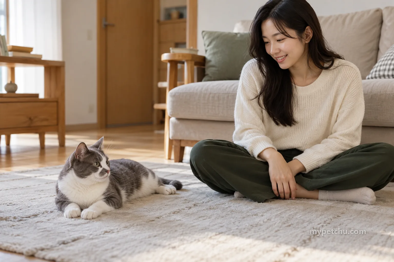 자세를 유지하고 앉은 사람과 가까운 고양이