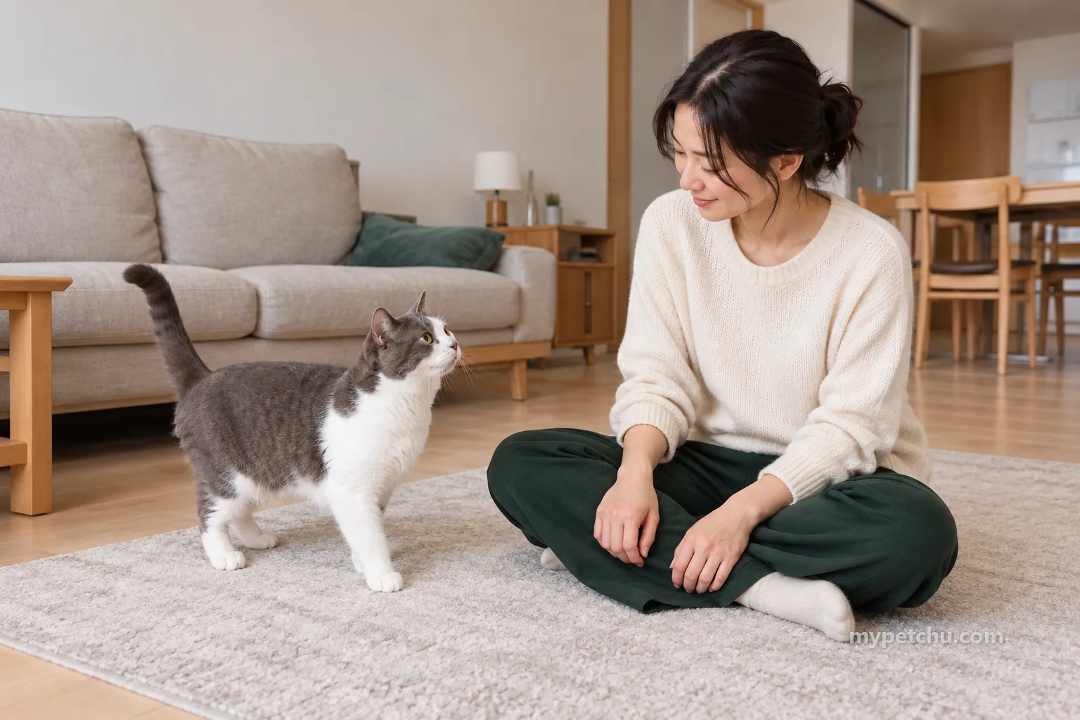고양이와 가까운 바닥에서 다시 마주한 사람