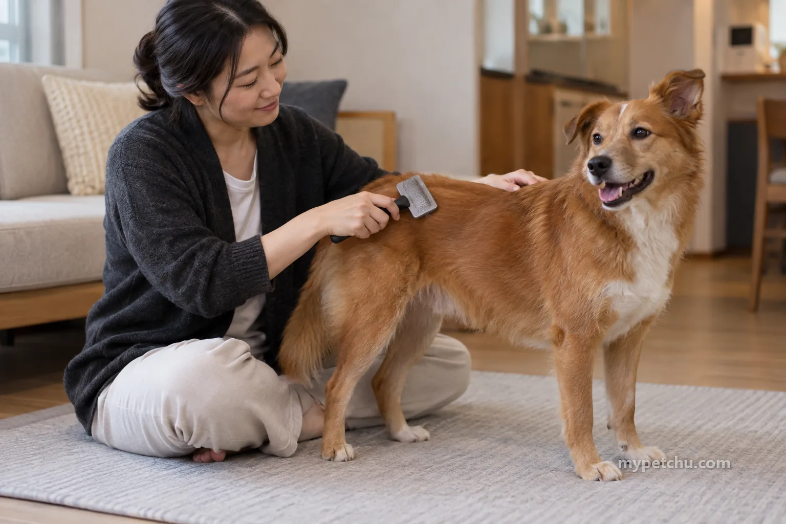 강아지의 몸통에 짧게 빗을 대는 손