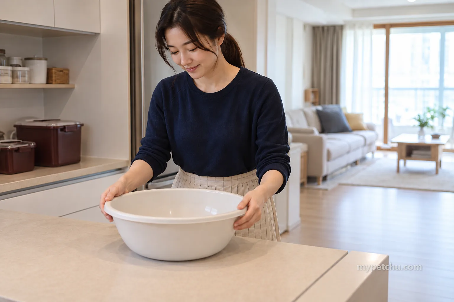 동물이 없는 부엌에서 빈 대야를 준비하는 사람