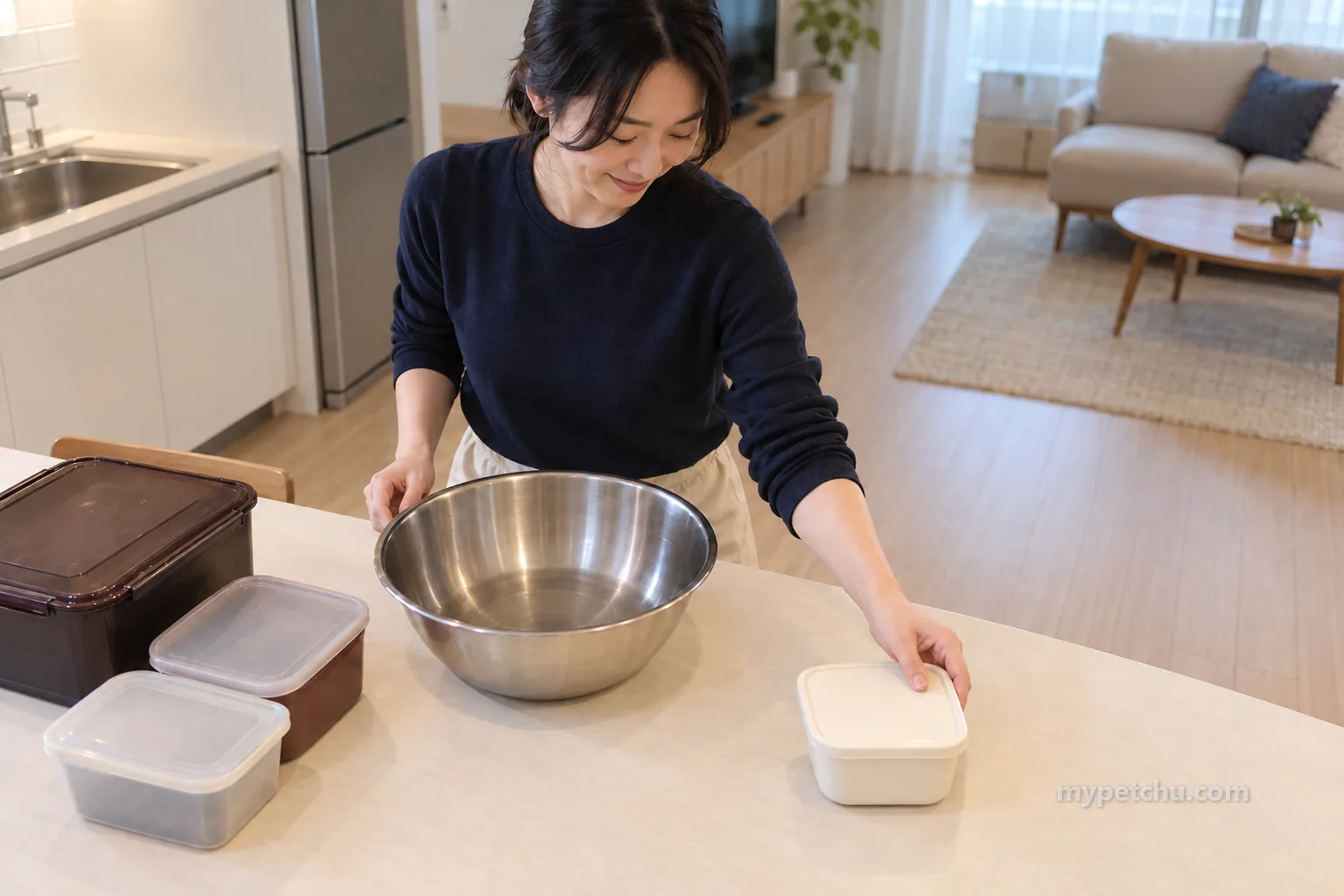 식탁 가장자리에서 닫힌 작은 정리 통을 다루는 손