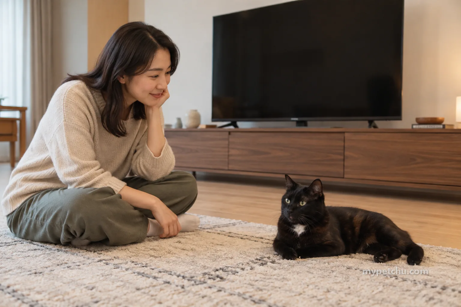 꺼진 텔레비전 앞 넓은 러그에서 쉬는 검은 갈색 고양이와 사람