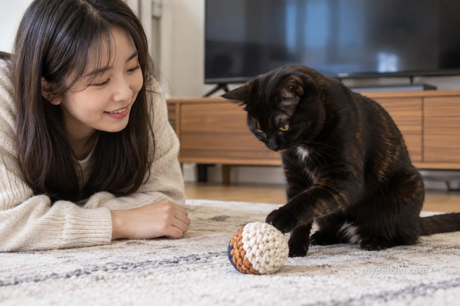 바닥의 천 공에 앞발을 대는 고양이