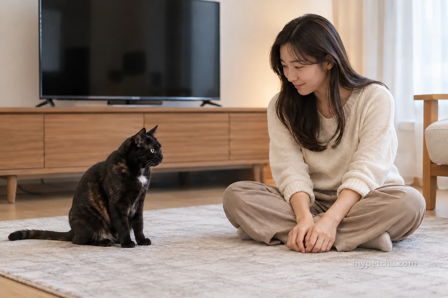꺼진 화면 앞에서 손을 자기 무릎에 둔 채 고양이를 기다리는 사람