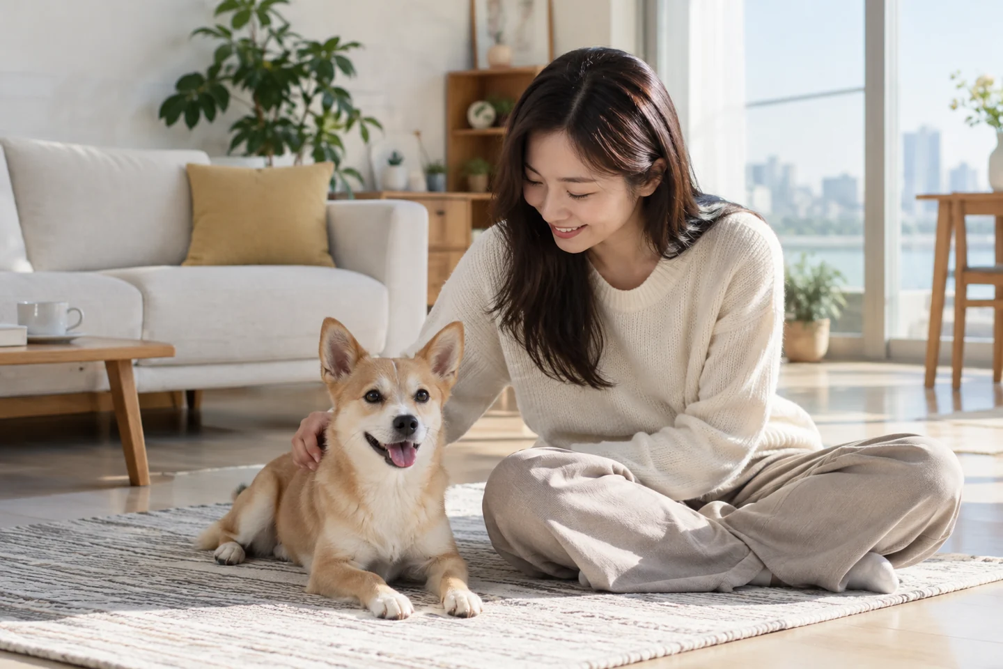 집에서 보호자와 함께 쉬는 황갈색 강아지