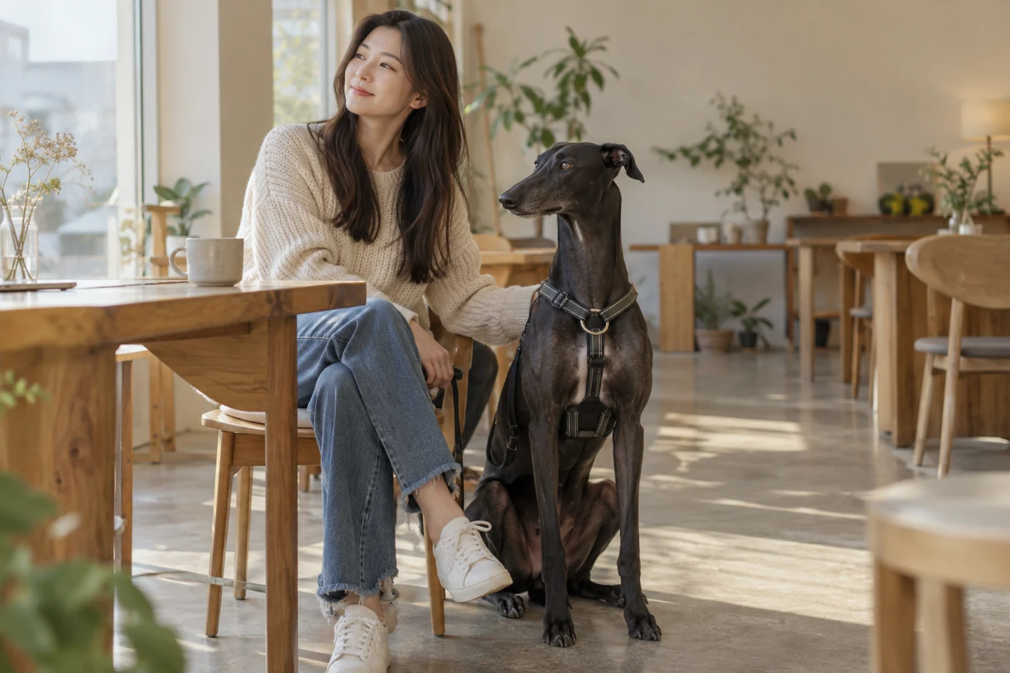 카페 의자 옆 보호자 곁에 앉은 검은 그레이하운드