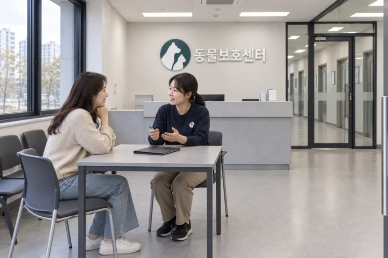 보호센터 상담 테이블에서 마주 앉은 두 사람