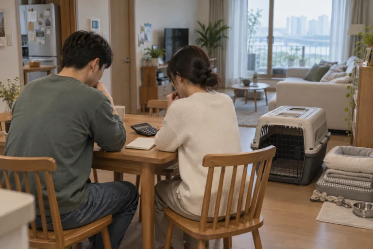 테이블에서 계획을 의논하는 두 사람과 바닥의 이동장