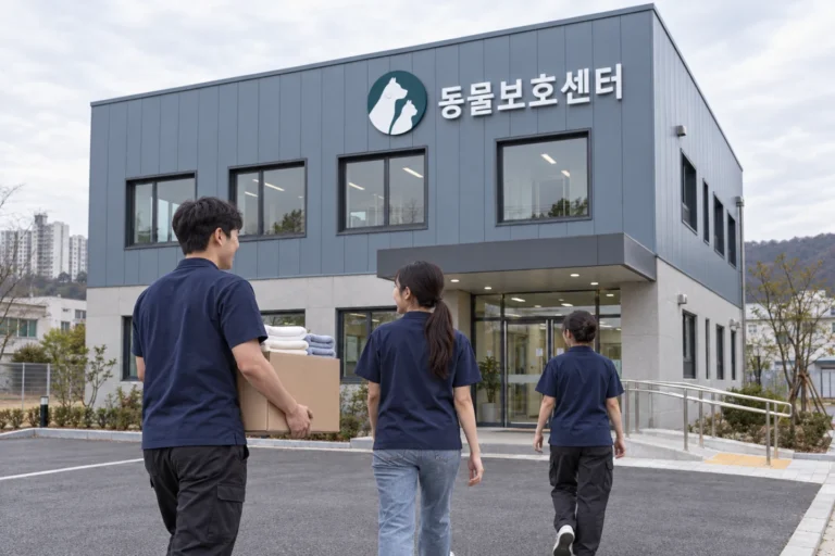 보호센터 입구로 상자를 들고 걸어가는 세 사람
