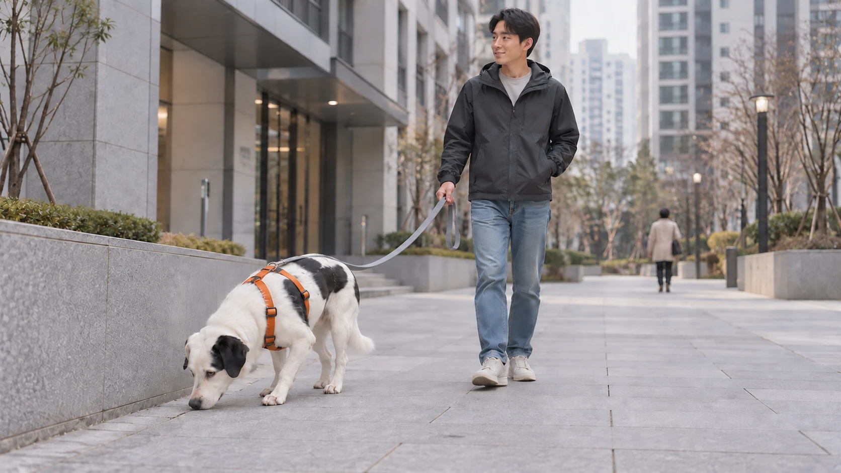 화단 벽 아래 포장면에 코를 낮춘 개와 보행로를 살피는 보호자
