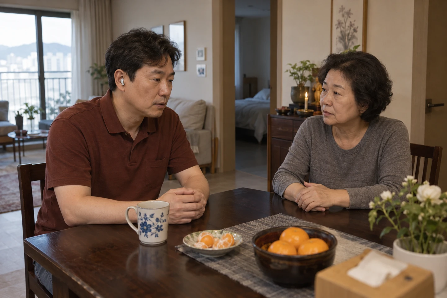 전화 한 통에 물을 내용을 나눕니다 — 이어폰으로 통화하며 가족과 함께 앉아 있는 성인