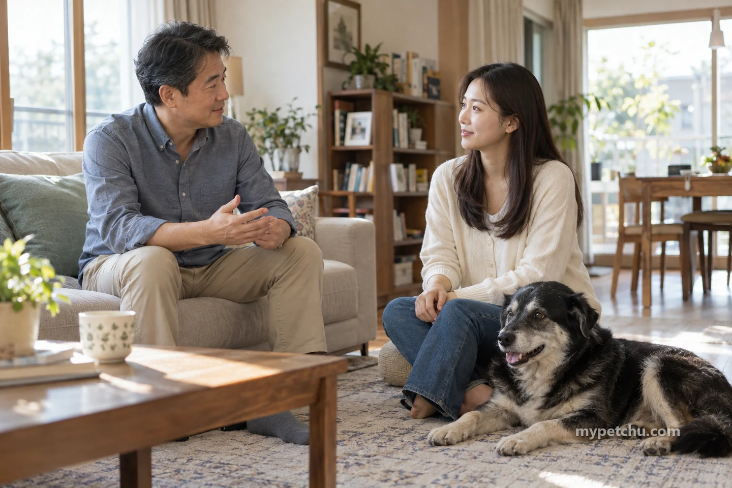 밝은 거실에서 두 성인이 이야기하고 검정회색 개가 바닥에 누운 모습