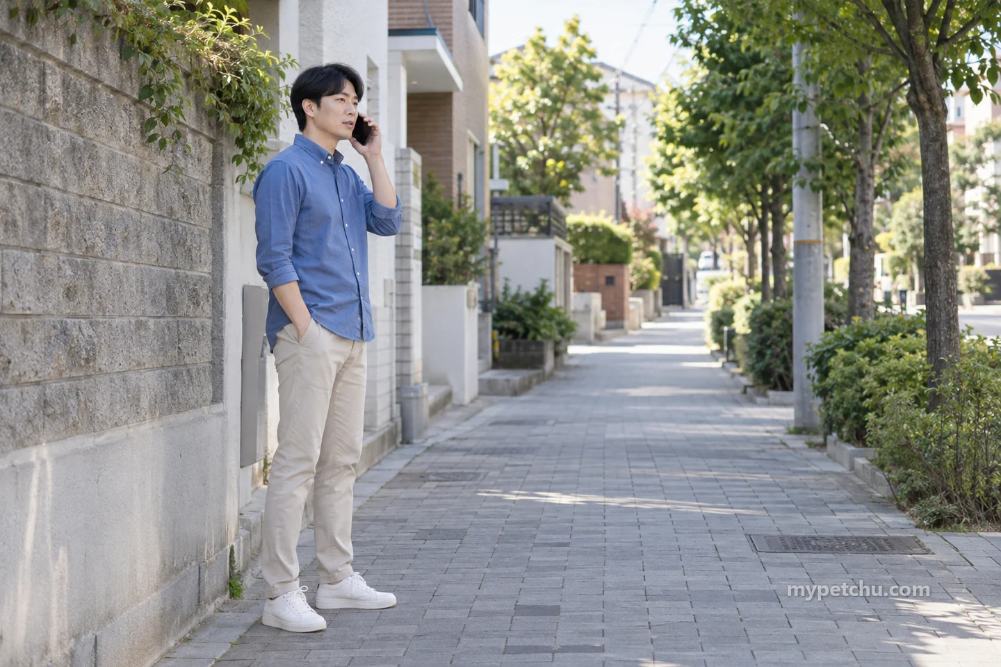 보행로 가장자리에 서서 전화하는 파란 셔츠의 남성