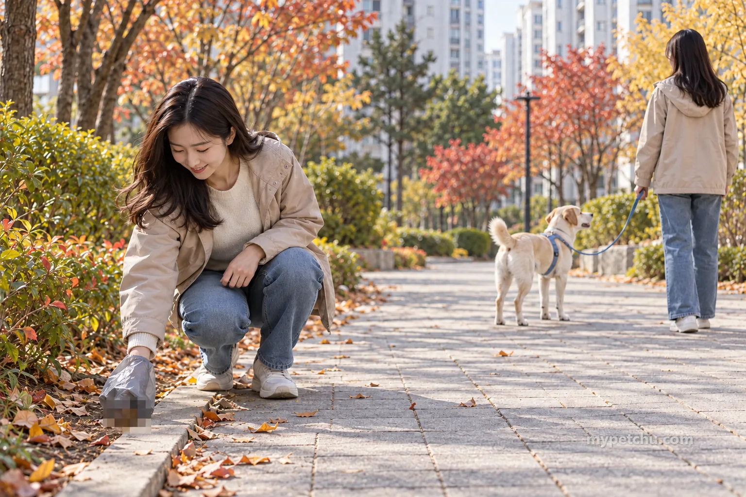 배설물을 모자이크로 가린 수거 장면과 떨어진 곳에서 강아지의 줄을 잡은 사람