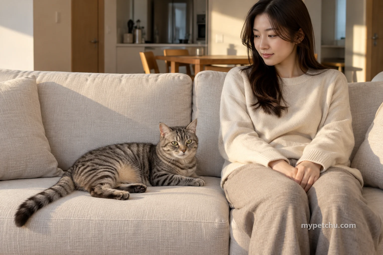 소파에 꼬리를 내려놓고 누운 줄무늬 고양이와 무릎에 손을 둔 보호자