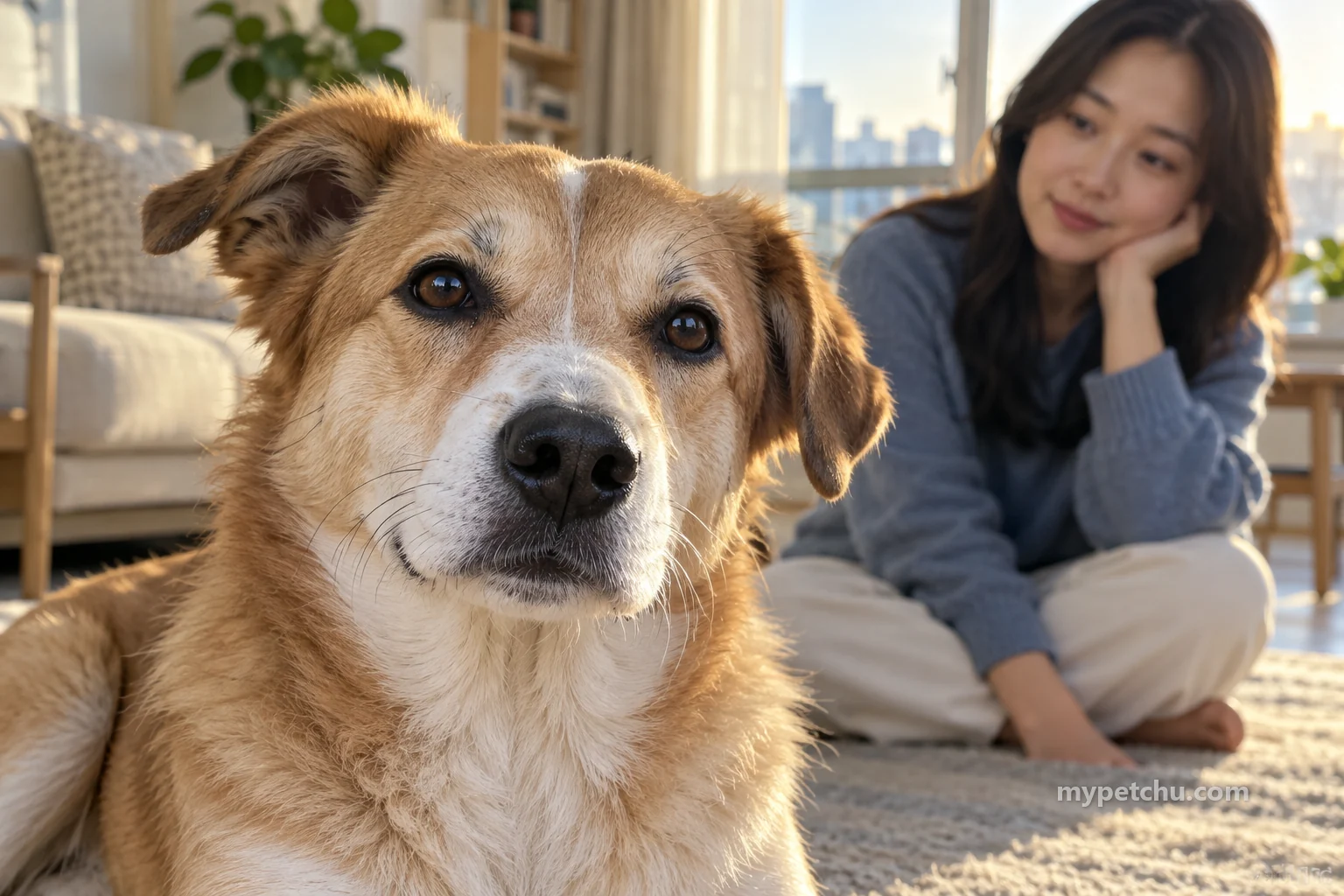 거실에서 편히 앉은 보호자 앞에 있는 흰갈색 강아지의 얼굴