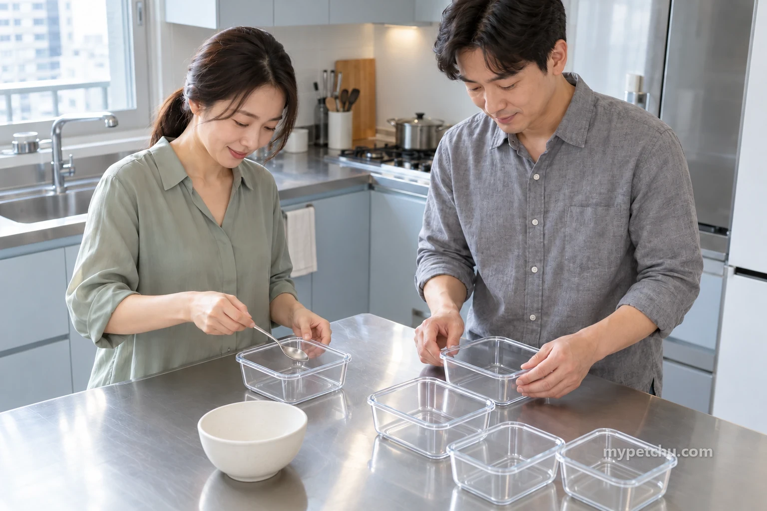 옅은 파랑 주방에서 빈 소분용기를 준비하는 두 보호자