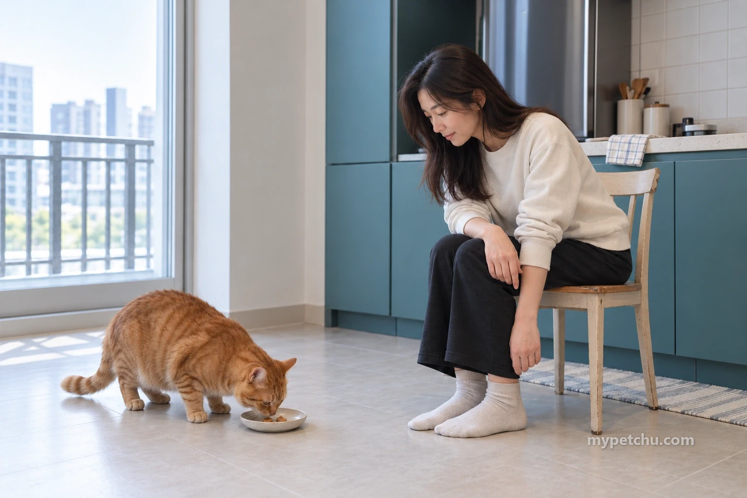 그릇에 다가간 고양이를 의자에 앉아 지켜보는 보호자