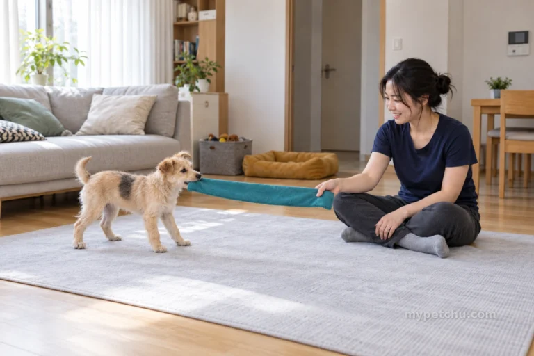 어린 강아지가 손을 물어요. 놀이는 어떻게 이어갈까요?